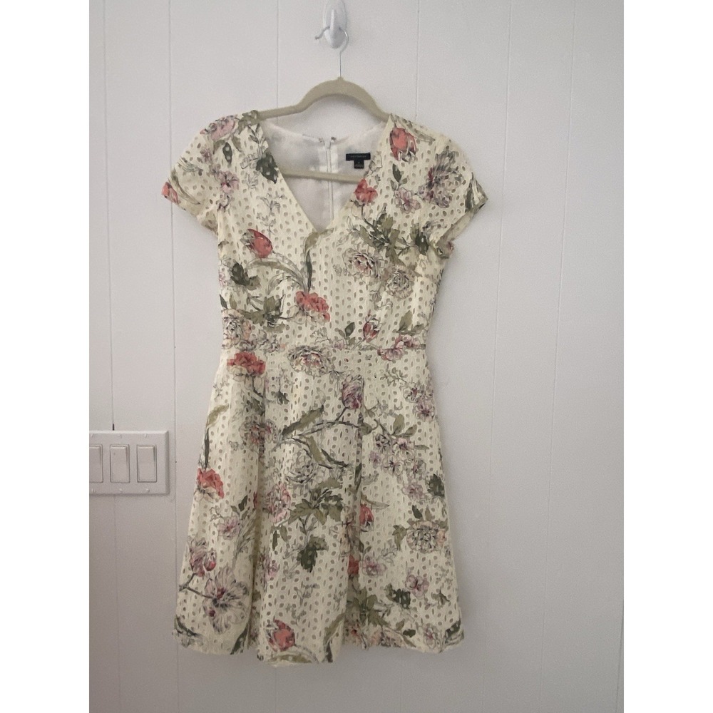 Ann Taylor Floral Eyelet Lace V-Neck Dress Size 2 Short Sleeve Lined Cream Pink